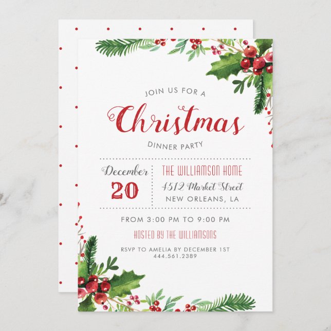 Watercolor Holly Branches Christmas Dinner Party Invitation (Front/Back)