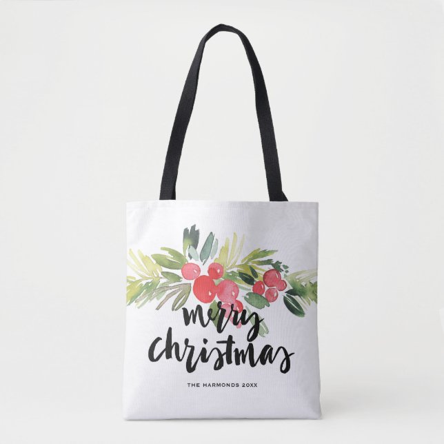 Watercolor Holly Brush Lettering Merry Christmas Tote Bag (Front)