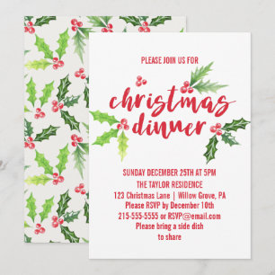 Watercolor Holly Christmas Dinner Invitation
