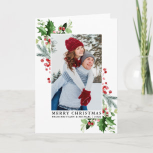 Watercolor Holly Christmas Greenery Couple Fold Holiday Card