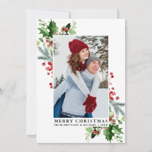 Watercolor Holly Christmas Greenery Couple Photo Holiday Card