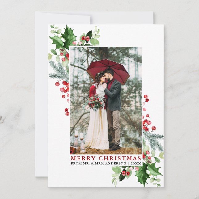 Watercolor Holly Christmas Greenery Red Wedding Holiday Card (Front)