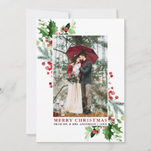 Watercolor Holly Christmas Greenery Red Wedding Holiday Card