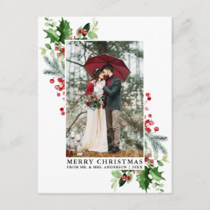Watercolor Holly Christmas Greenery Wedding Photo Postcard