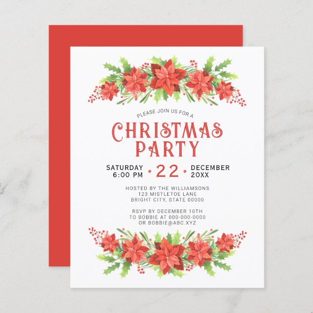 Watercolor Holly Christmas Party Budget Invitation (Front/Back)
