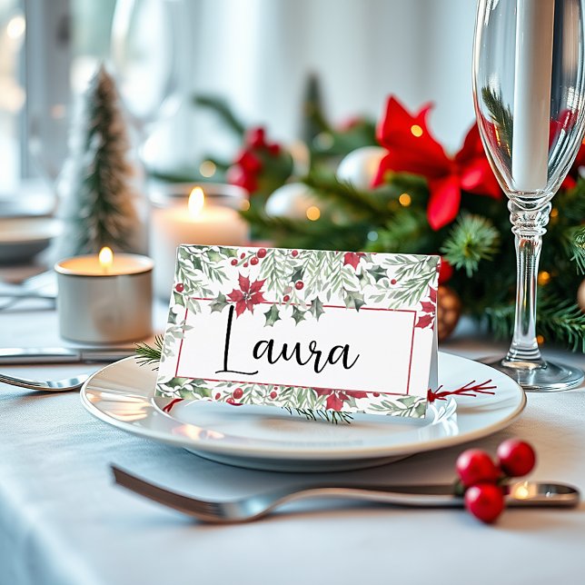 Watercolor holly Christmas Place Card (Creator Uploaded)