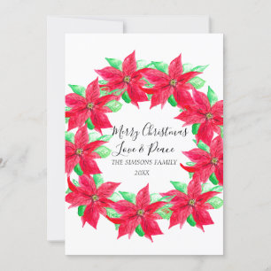 Watercolor Holly Christmas Poinsettia Wreath Holiday Card