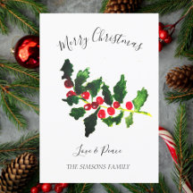 Watercolor Holly Christmas Tree Merry and Bright