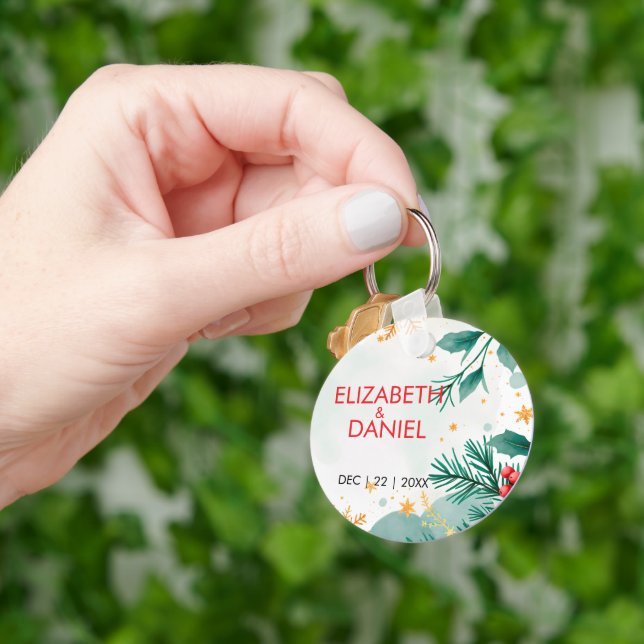 Watercolor Holly Christmas Wedding Keychain  (Hand)