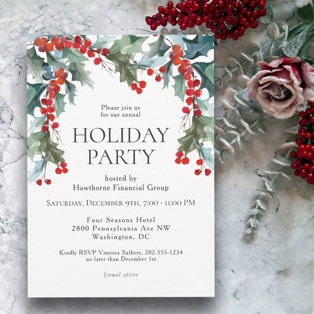 Watercolor Holly Festive Holiday Party Invitation (Creator Uploaded)