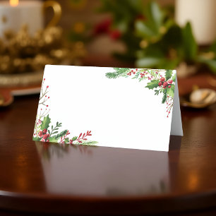 Watercolor Holly Foliage   Holiday Place Card