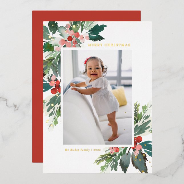 Watercolor Holly Gold Foil Merry Christmas Photo (Front/Back)