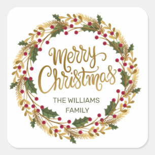 Watercolor Holly & golden pine wreath Christmas Square Sticker