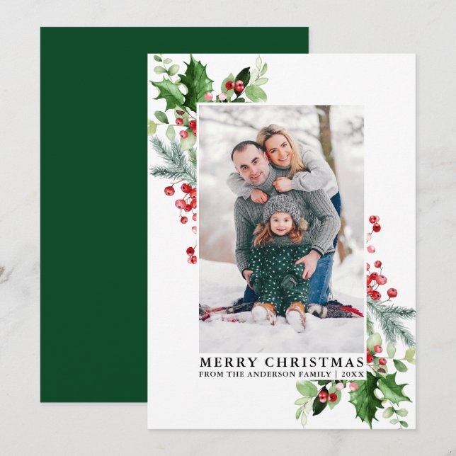 Watercolor Holly Greenery Family Green Photo Holiday Card (Front/Back)