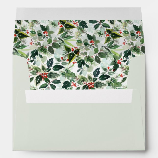 Watercolor Holly Greenery Pattern Christmas Envelope (Back (Bottom))