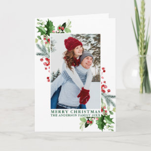 Watercolor Holly Greenery Photo Green Fold Holiday Card
