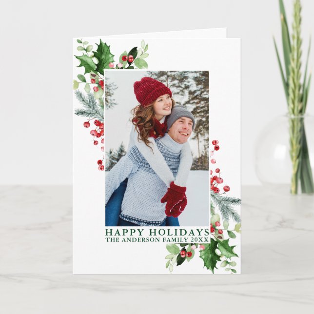 Watercolor Holly Greenery Photo Green Folded Holiday Card (Front)