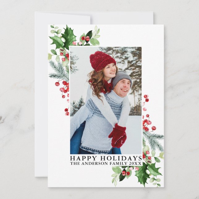 Watercolor Holly Greenery Photo Holiday Card (Front)