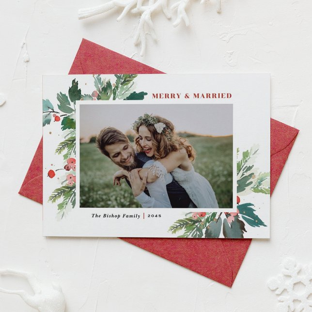 Watercolor Holly Greenery Photo Wedding Christmas Holiday Card (Watercolor Holly and Winter Greenery Photo Wedding Christmas Holiday Card)