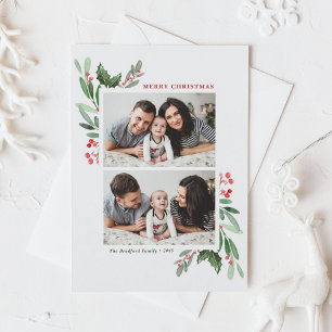 Watercolor Holly Greenery Two Photo Christmas Holiday Postcard