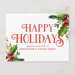 Watercolor Holly Holiday Greetings Postcard