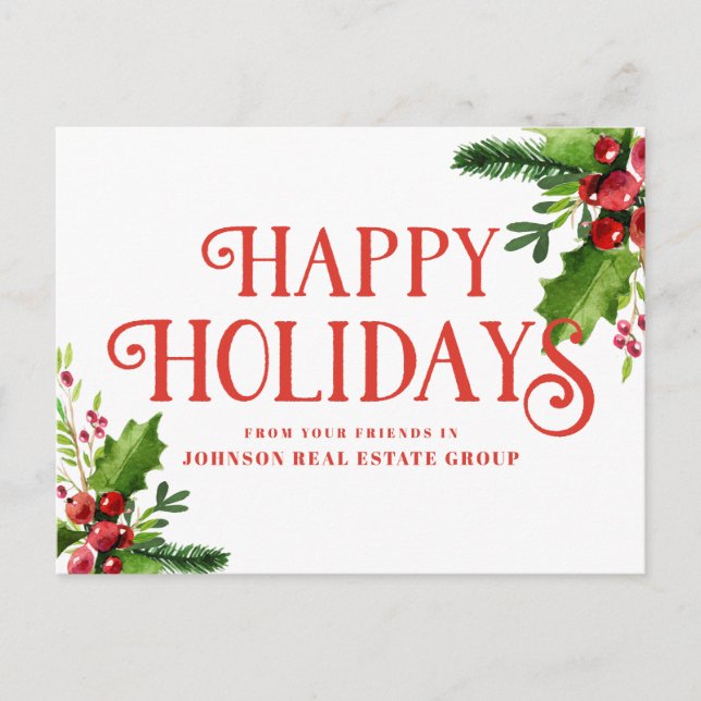 Watercolor Holly  | Holiday Greetings Postcard (Front)