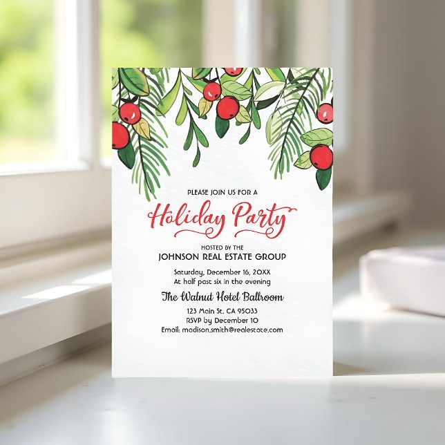 Watercolor Holly Holiday Party Invitation (Creator Uploaded)