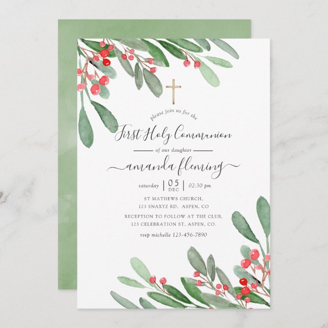 Watercolor Holly Jolly Christmas Holy Communion Invitation (Front/Back)