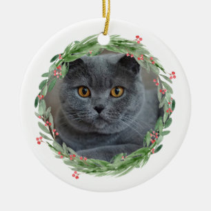 Watercolor Holly Jolly Christmas Pet Photo Ceramic Tree Decoration