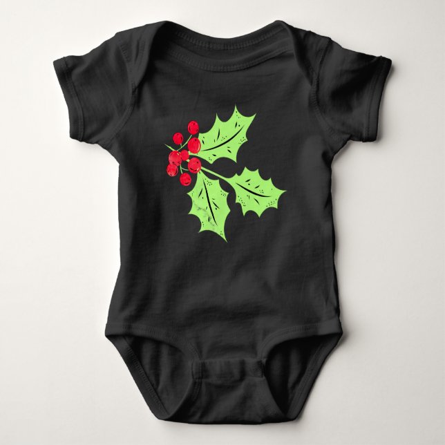 Watercolor Holly Leaves and Berries Baby Bodysuit (Front)