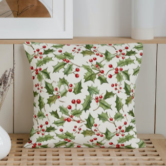 Watercolor Holly Leaves and Berries Cushion