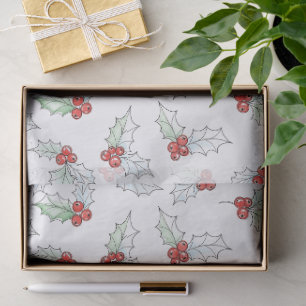 Watercolor Holly Leaves and Red Berries Christmas Tissue Paper
