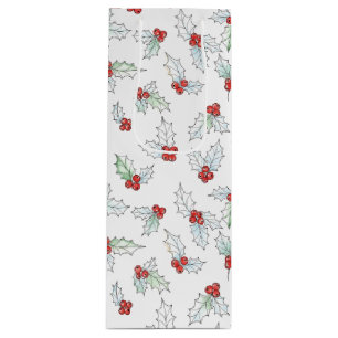 Watercolor Holly Leaves and Red Berries Christmas Wine Gift Bag