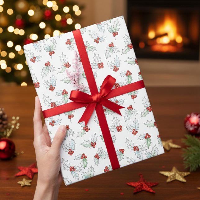 Watercolor Holly Leaves and Red Berries Christmas Wrapping Paper (Creator Uploaded)