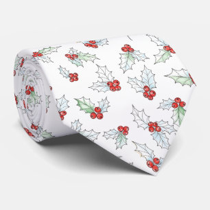 Watercolor Holly Leaves and Red Berries Tie
