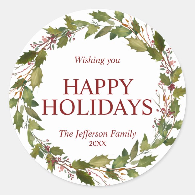 Watercolor Holly Leaves Wreath Christmas Holidays Classic Round Sticker (Front)