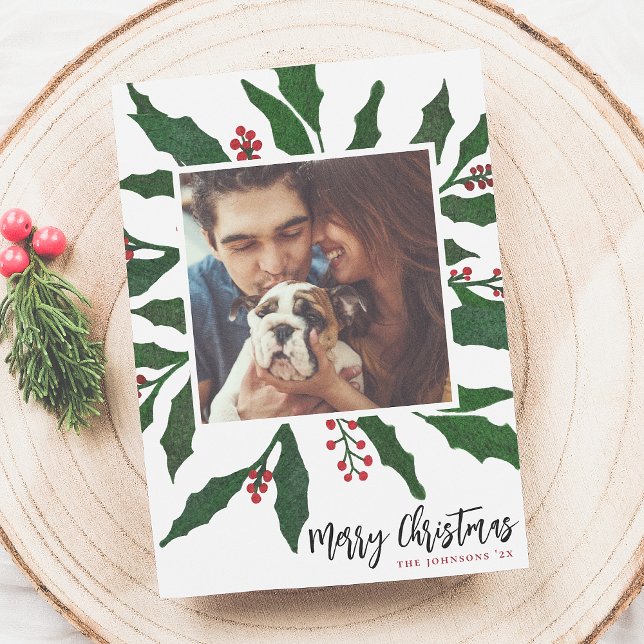 Watercolor Holly & Merry Christmas Holiday Photo Card (Creator Uploaded)