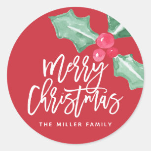 Watercolor Holly Merry Christmas Name Sticker