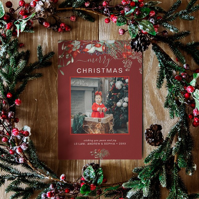 Watercolor Holly Merry Christmas Photo Burgundy Holiday Card (You will love these beautiful Christmas cards! They feature botanical watercolor pine and berries.)