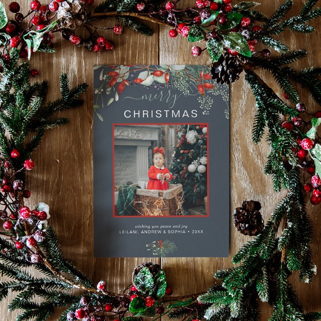 Watercolor Holly Merry Christmas Photo Dusty Blue Holiday Card (You will love these beautiful Christmas cards! They feature botanical watercolor pine and berries.)