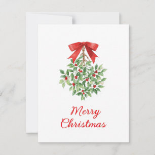 Watercolor Holly Mistletoe Red Bow Holiday Card