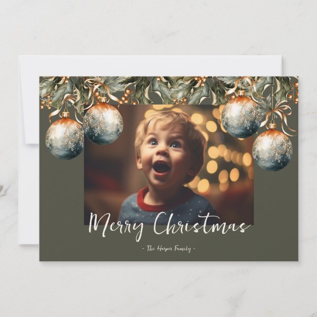 Watercolor Holly Ornament Photo Holiday Card (Front)