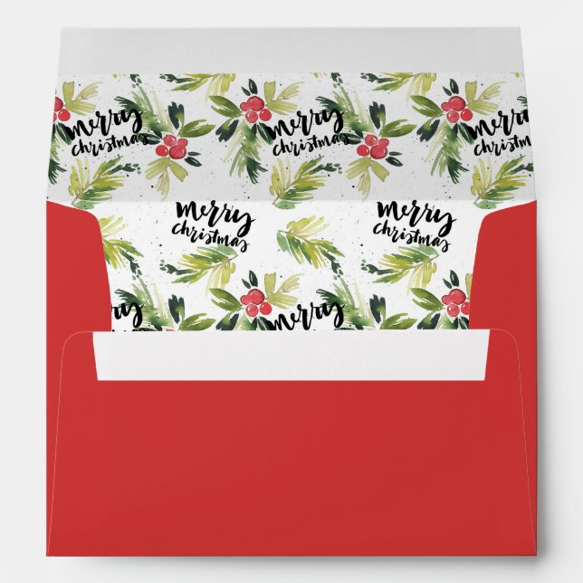 Watercolor Holly Pattern Merry Christmas Red Envelope (Back (Bottom))