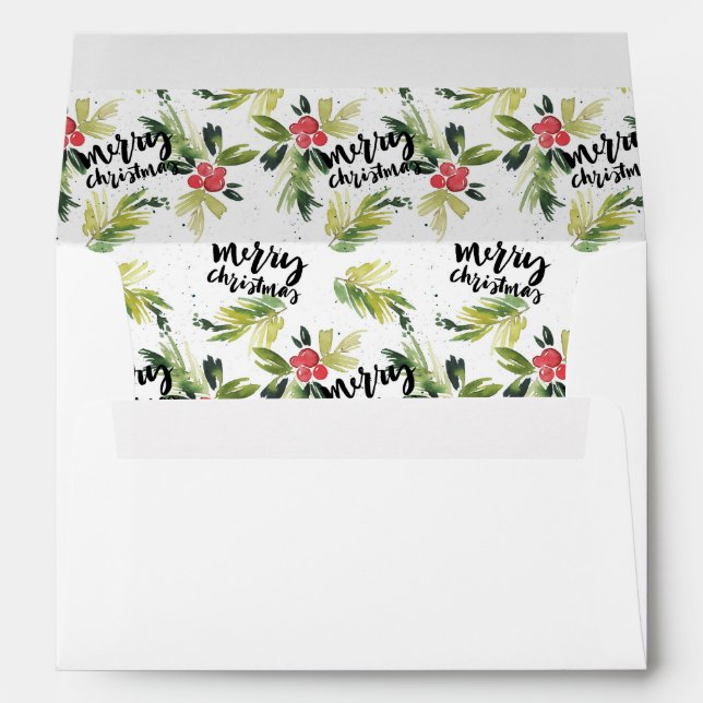 Watercolor Holly Pattern Merry Christmas White Envelope (Back (Bottom))