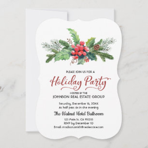 Watercolor Holly Pine & Berry Holiday Card