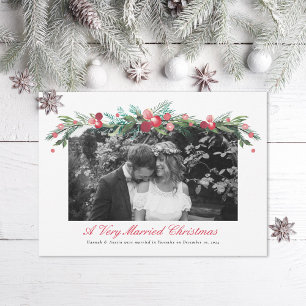 Watercolor Holly Pine Elegant Wedding Photo Holiday Card