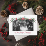Watercolor Holly Pine Elegant Wedding Photo Holiday Card<br><div class="desc">Hand watercolor painted winter foliage garland across a landscape photo with custom colour background. Customise further to add more text or more photos to the back side.</div>