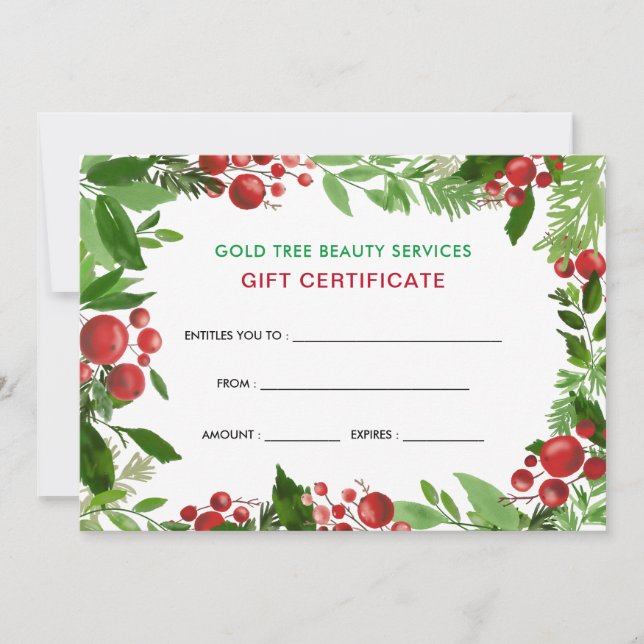 Watercolor Holly Red Berries | Gift Certificate (Front)