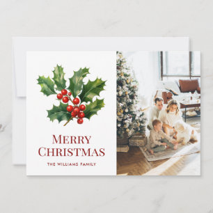 Watercolor Holly Red Berries Photo Christmas Card