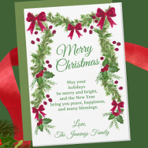 Watercolor Holly Red Bow Personalised Christmas